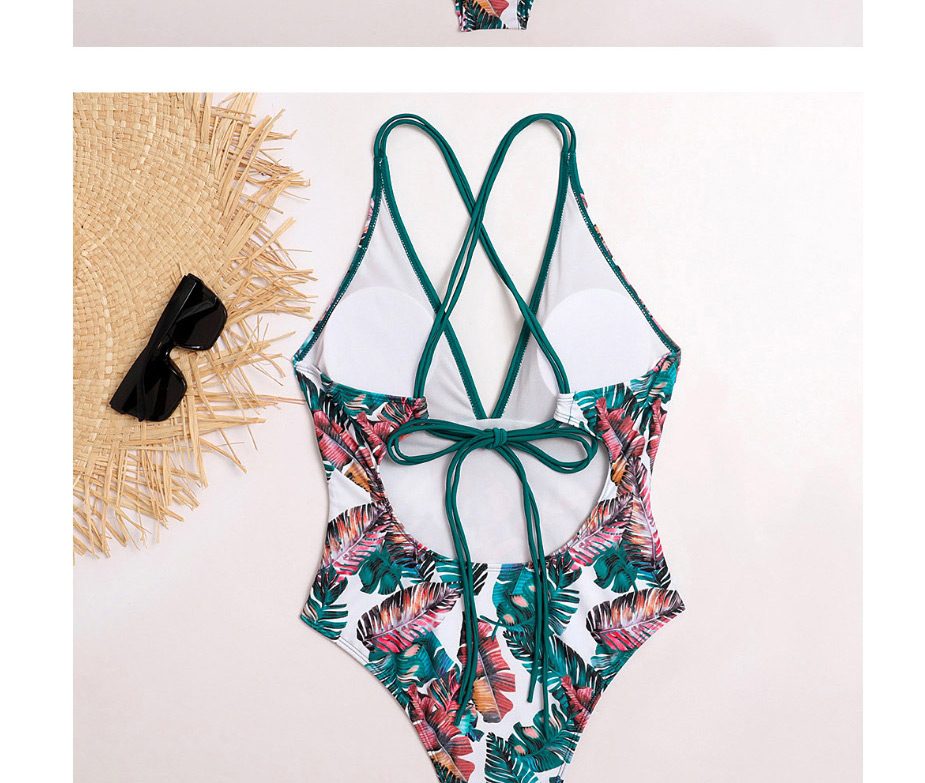 Fashion White Leaf Print Lace Open Back Floral One-piece Swimsuit,One Pieces