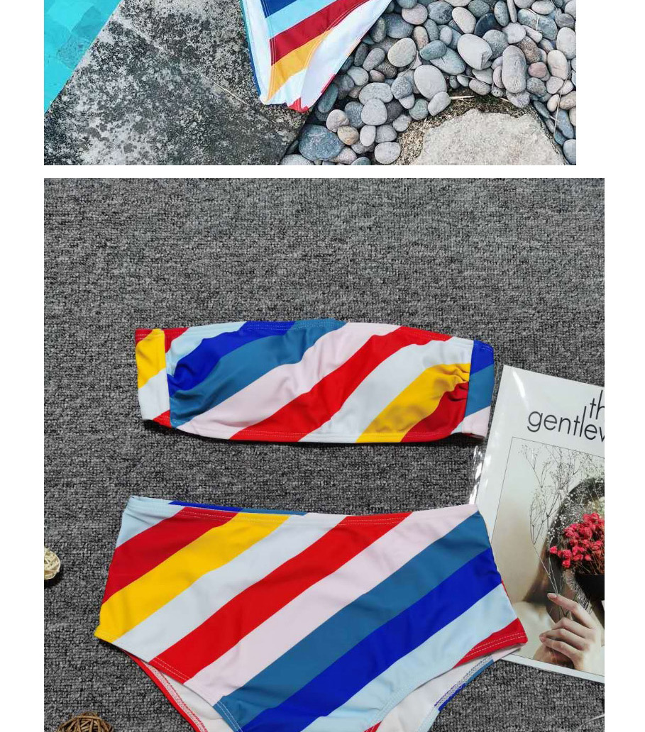 Fashion Color Mixing Rainbow Stripe Tube Top High Waist Split Swimsuit,Bikini Sets