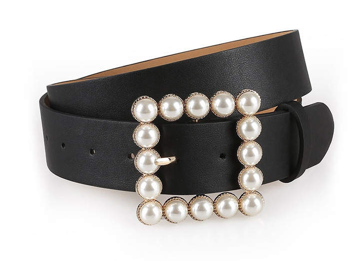 Fashion Black Japanese Word Inlaid Pearl Square Buckle Belt,Wide belts