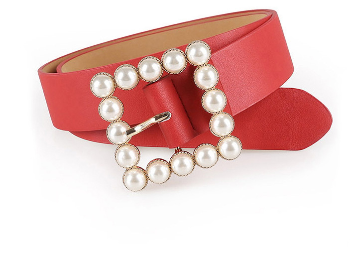 Fashion Red Japanese Word Inlaid Pearl Square Buckle Belt,Wide belts