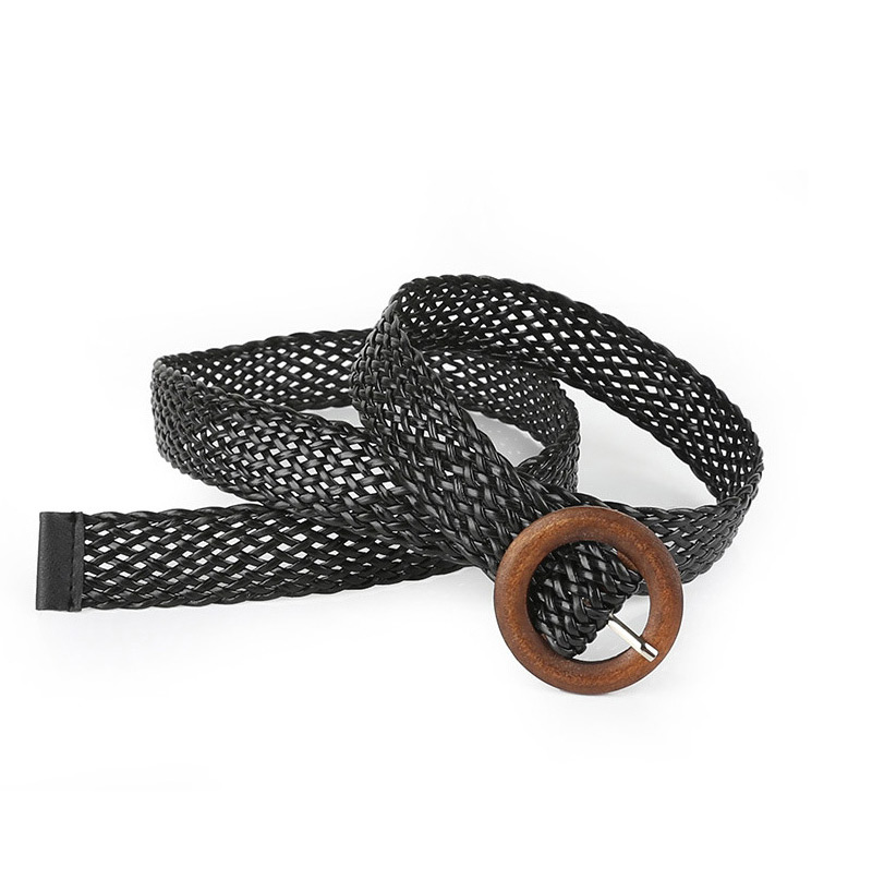 Fashion Khaki Hollow Breathable Woven Geometric Buckle Wide Belt,Wide belts