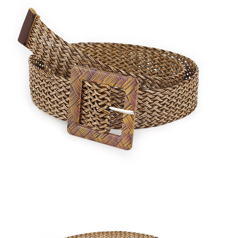 Fashion Khaki Hollow Breathable Woven Geometric Buckle Wide Belt,Wide belts