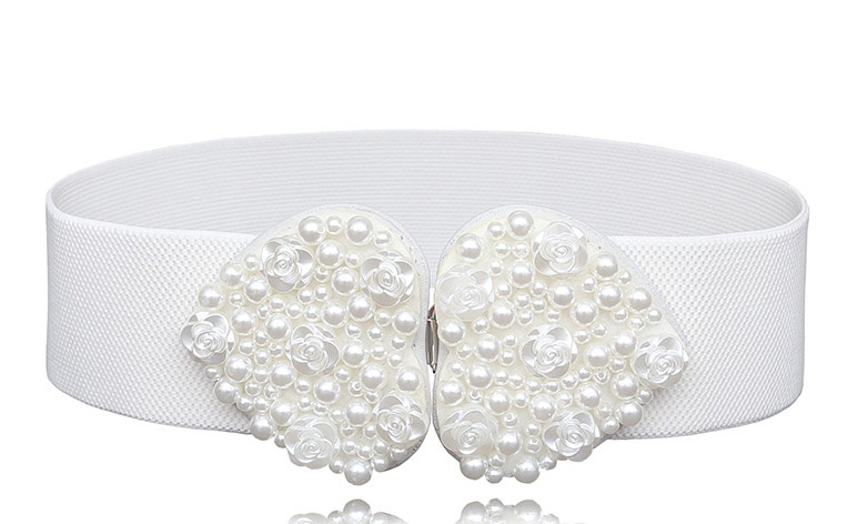 Fashion White Love Pearl Beaded Flowers Elastic Wide Belt,Wide belts