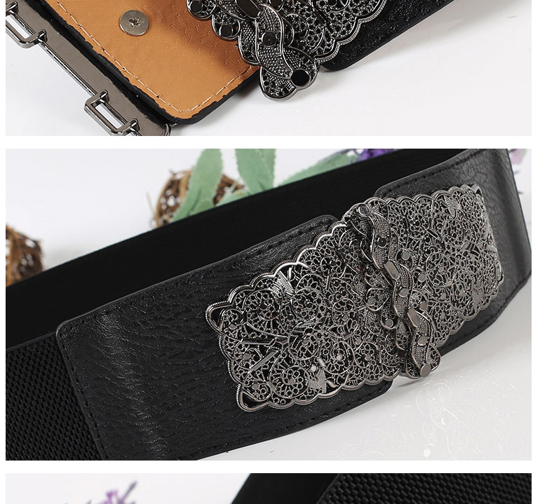 Fashion White Double Buckle Carved Elastic Elastic Wide Belt,Wide belts