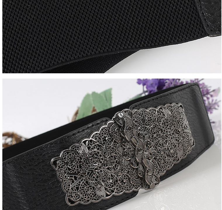 Fashion White Double Buckle Carved Elastic Elastic Wide Belt,Wide belts