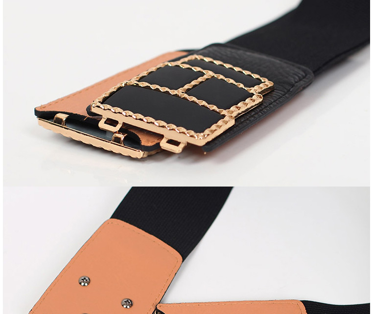 Fashion Smoky Pink Alloy Geometric Double Buckle Elastic Elastic Wide Belt,Wide belts