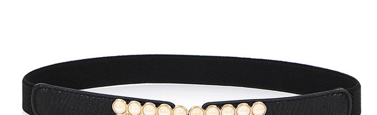 Fashion Black Elasticated Pearl Double Buckle Geometric Thin Belt,Thin belts