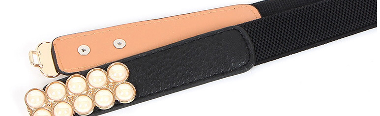 Fashion Black Elasticated Pearl Double Buckle Geometric Thin Belt,Thin belts