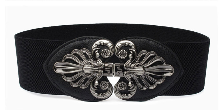 Fashion Black Alloy Geometric Elastic Wide Belt With Buckle,Wide belts