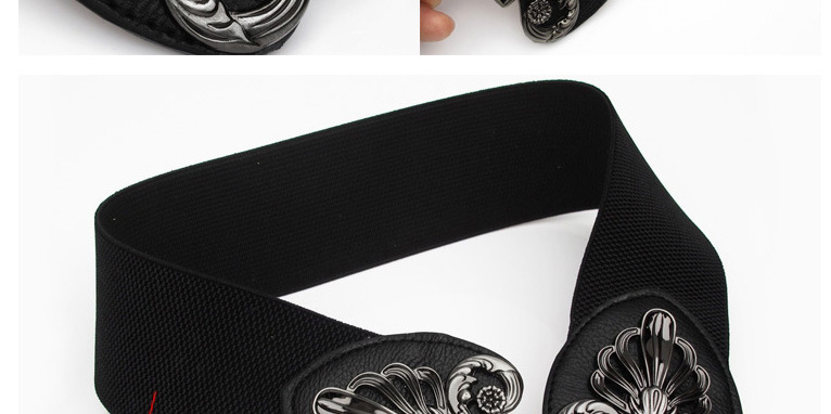 Fashion Black Alloy Geometric Elastic Wide Belt With Buckle,Wide belts