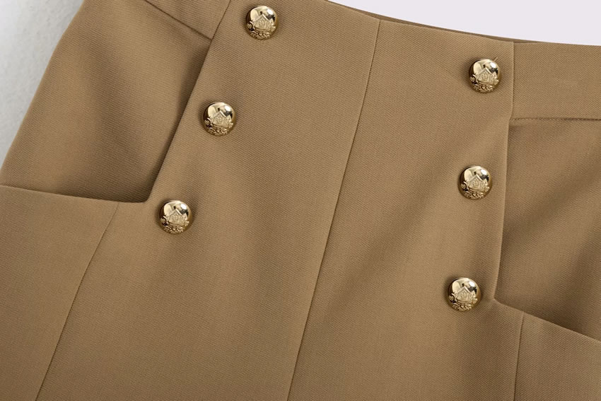 Fashion Dark Khaki Buttoned Solid Color Panel Shorts,Shorts