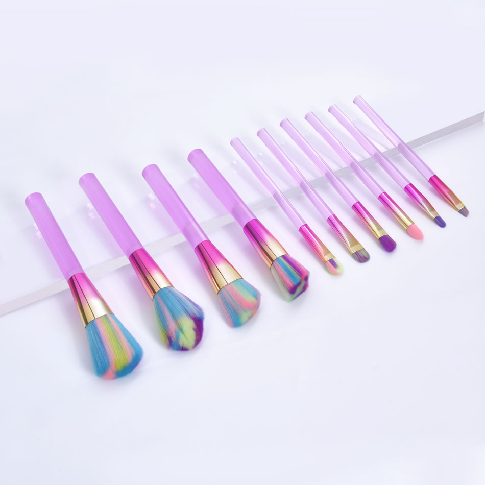 Fashion 10 Transparent Powder Plastic Handle Aluminum Tube Makeup Brush Set,Beauty tools
