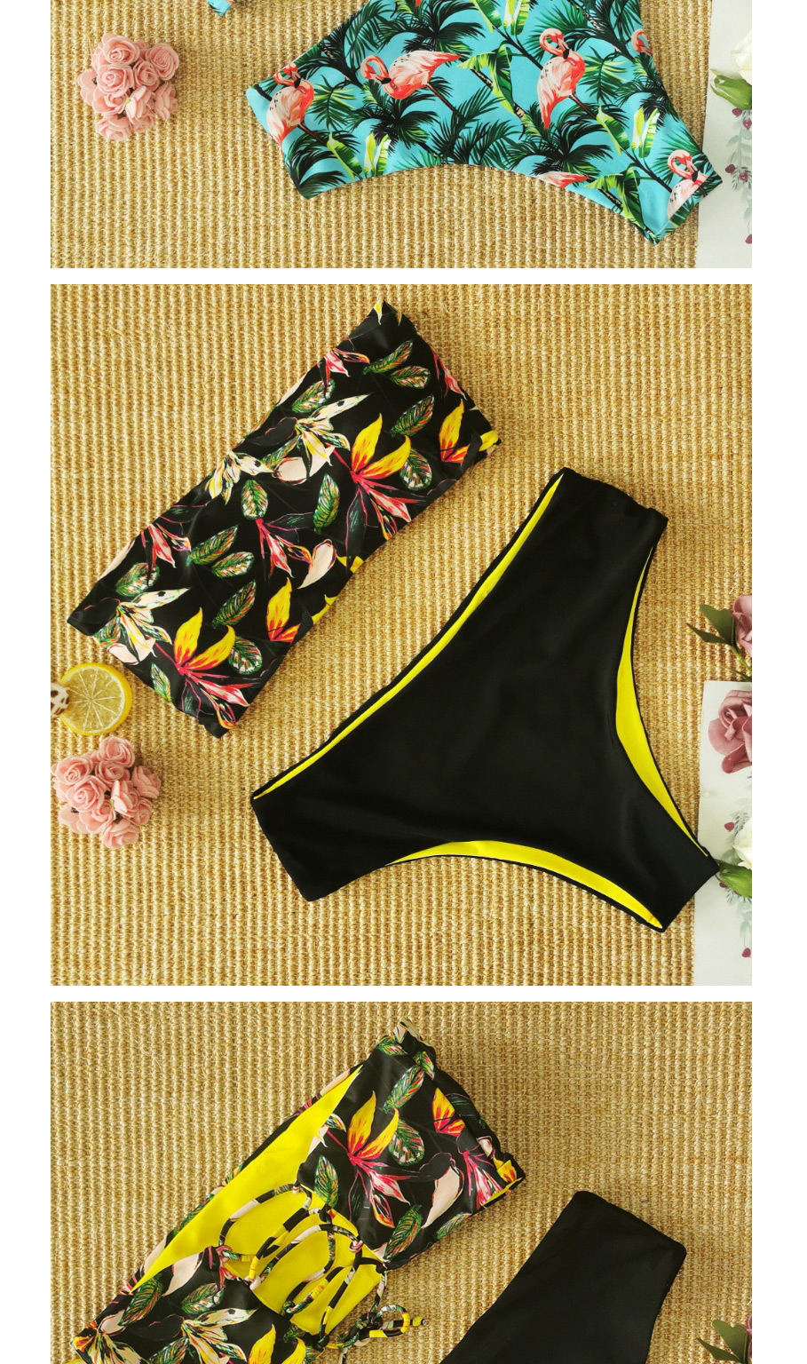 Fashion Blooming Flowers + Yellow Tube Top Print One-shoulder Split Swimsuit,Bikini Sets