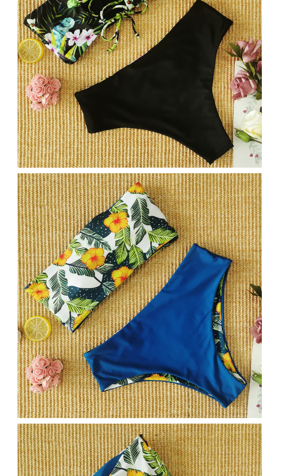 Fashion Blooming Flowers + Yellow Tube Top Print One-shoulder Split Swimsuit,Bikini Sets