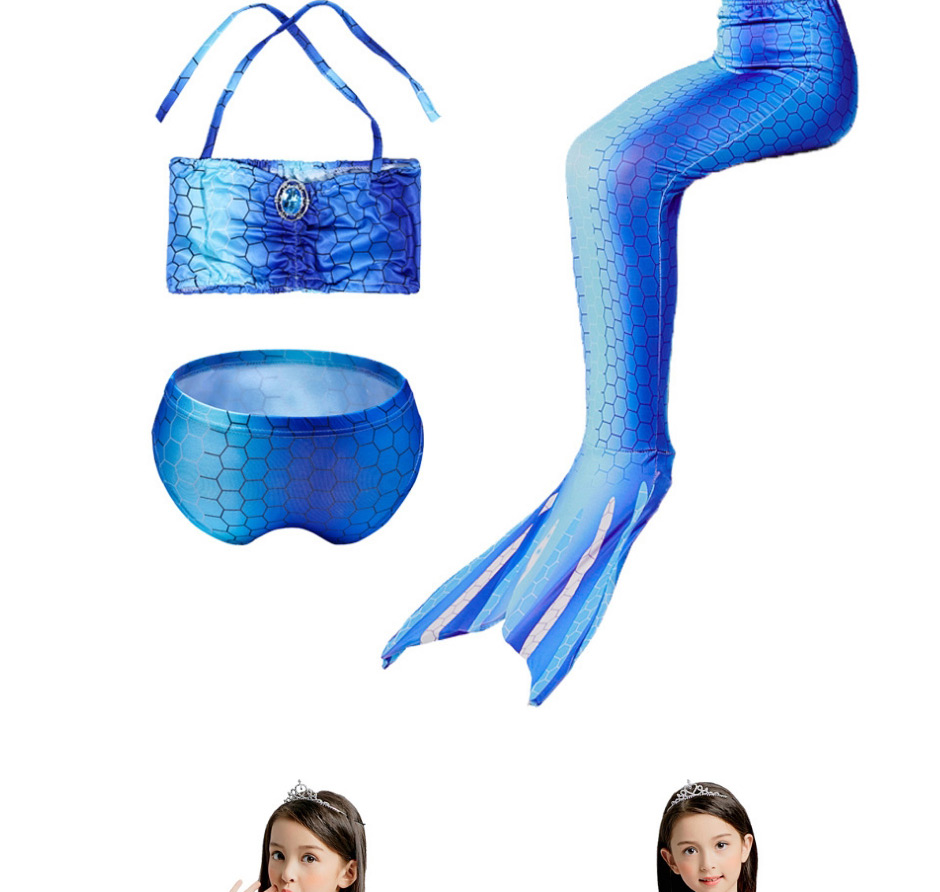 Fashion Sling + Gradient Blue Mermaid Swimming Skirt Halter Tie-dye Printed Childrens Mermaid Split Swimsuit,Kids Swimwear