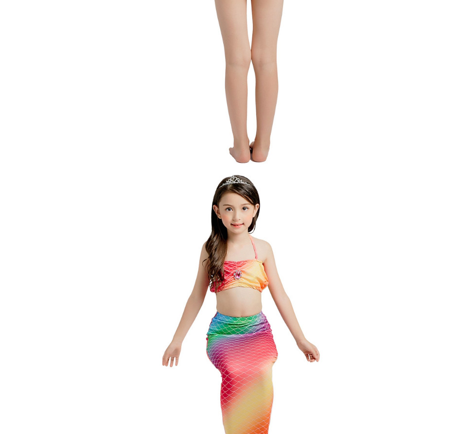 Fashion Sling + Gradient Blue Mermaid Swimming Skirt Halter Tie-dye Printed Childrens Mermaid Split Swimsuit,Kids Swimwear