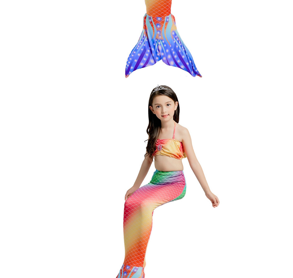 Fashion Suspender + Twill Rainbow Mermaid Swimming Dress Halter Tie-dye Printed Childrens Mermaid Split Swimsuit,Kids Swimwear