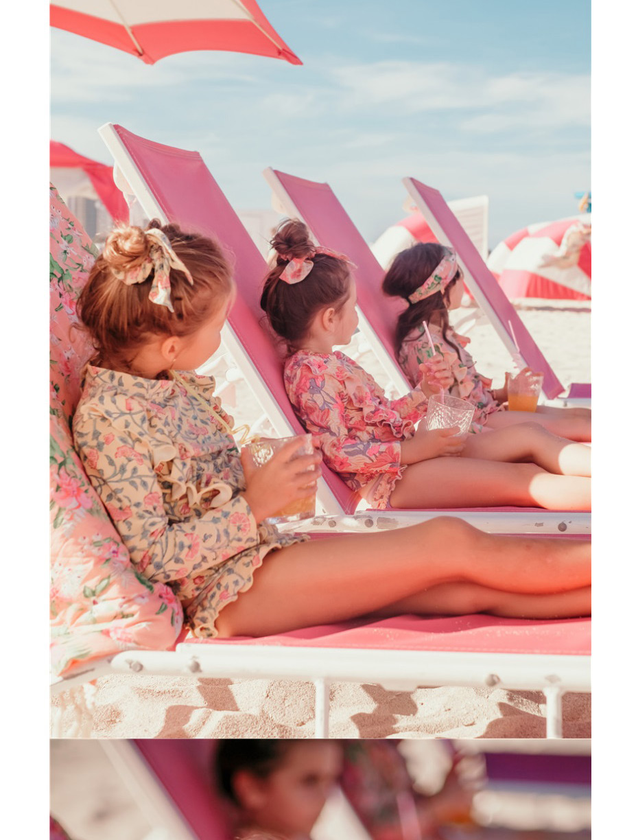Fashion Pink Split Swimsuit Long-sleeved Flower Print Ruffled Quick-drying Swimsuit For Children,Kids Swimwear