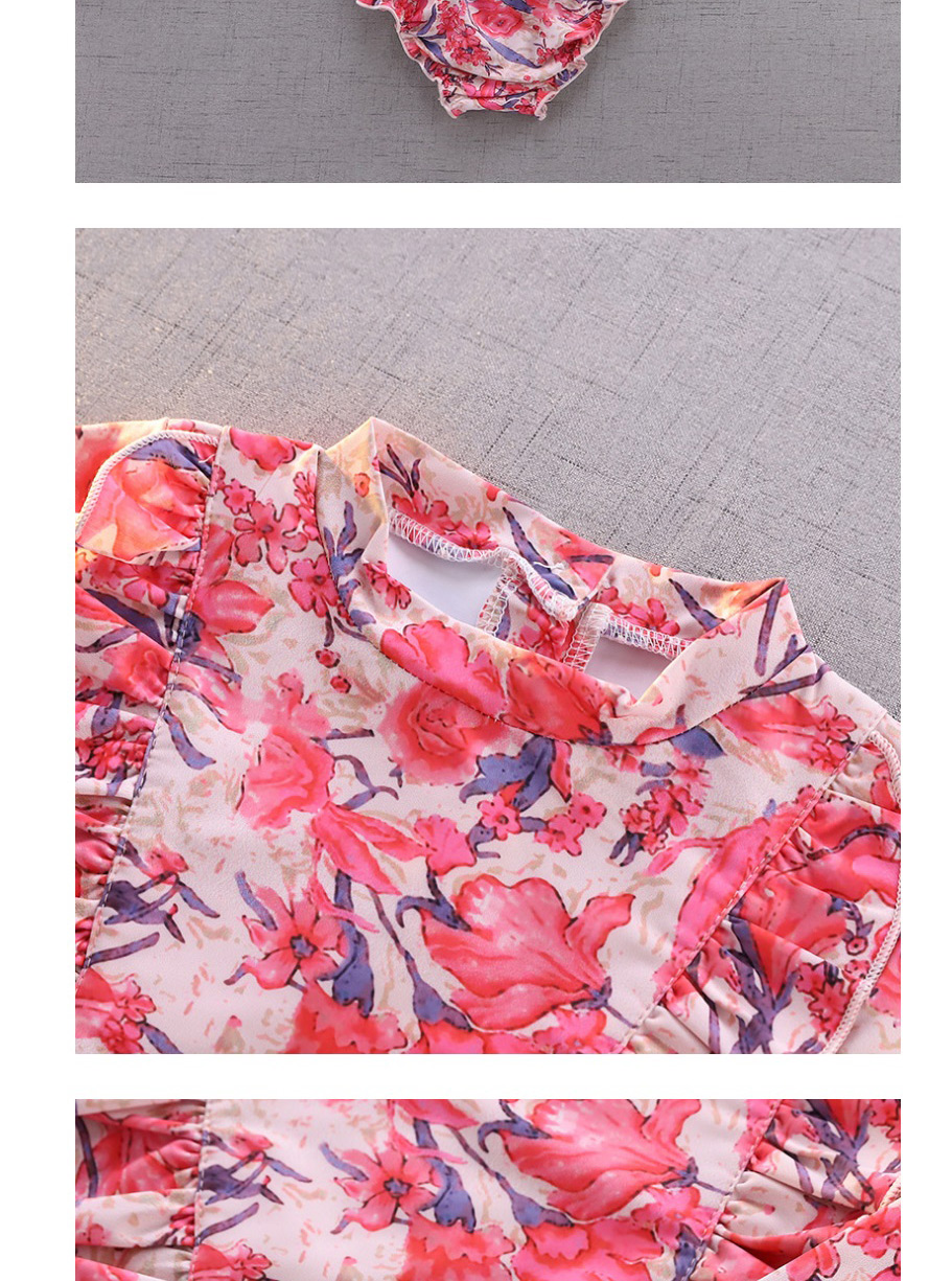 Fashion Pink Split Swimsuit Long-sleeved Flower Print Ruffled Quick-drying Swimsuit For Children,Kids Swimwear