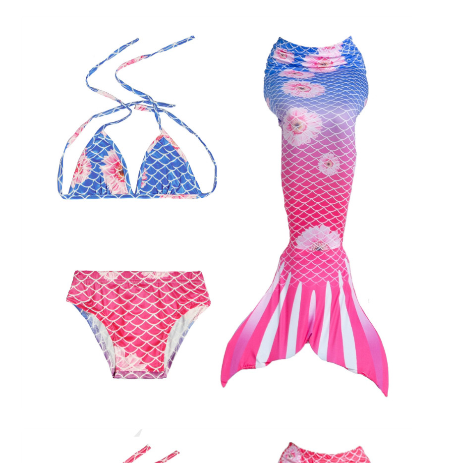 Fashion Red Orchid Chrysanthemum Tethered Halter Print Childrens Mermaid Split Swimsuit,Kids Swimwear