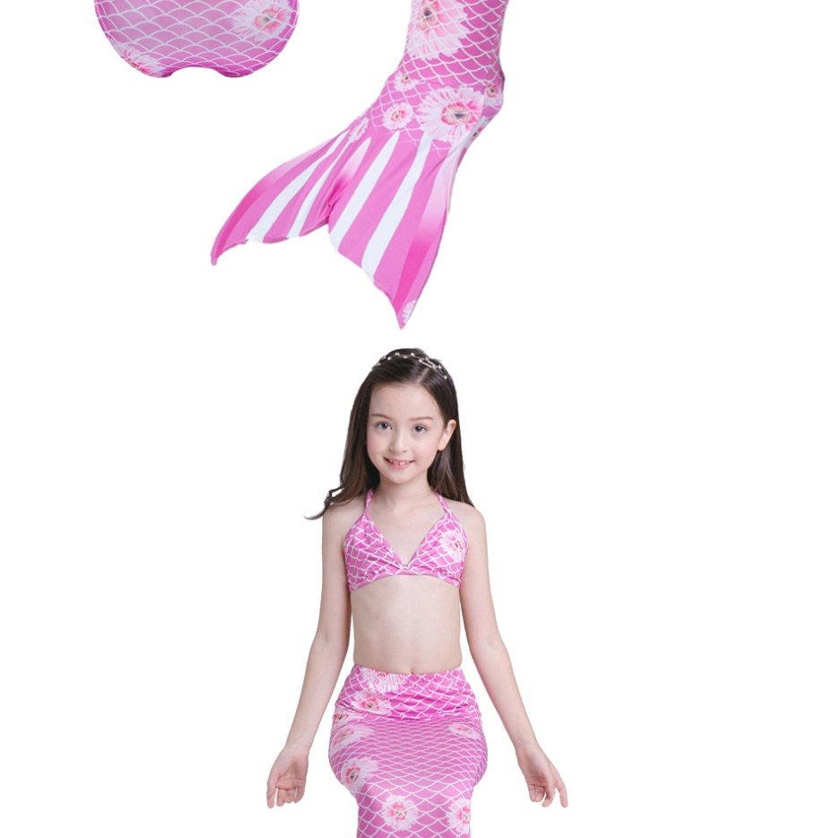 Fashion Watermelon Red Chrysanthemum Tethered Halter Print Childrens Mermaid Split Swimsuit,Kids Swimwear