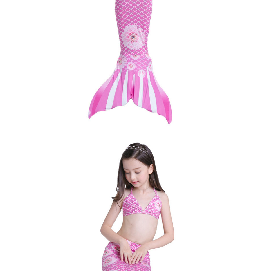 Fashion Red Orchid Chrysanthemum Tethered Halter Print Childrens Mermaid Split Swimsuit,Kids Swimwear