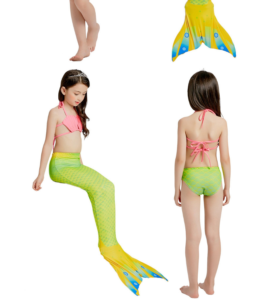 Fashion Shell + Gradient Rainbow Color Striped Contrast Print Childrens Mermaid Split Swimsuit,Kids Swimwear
