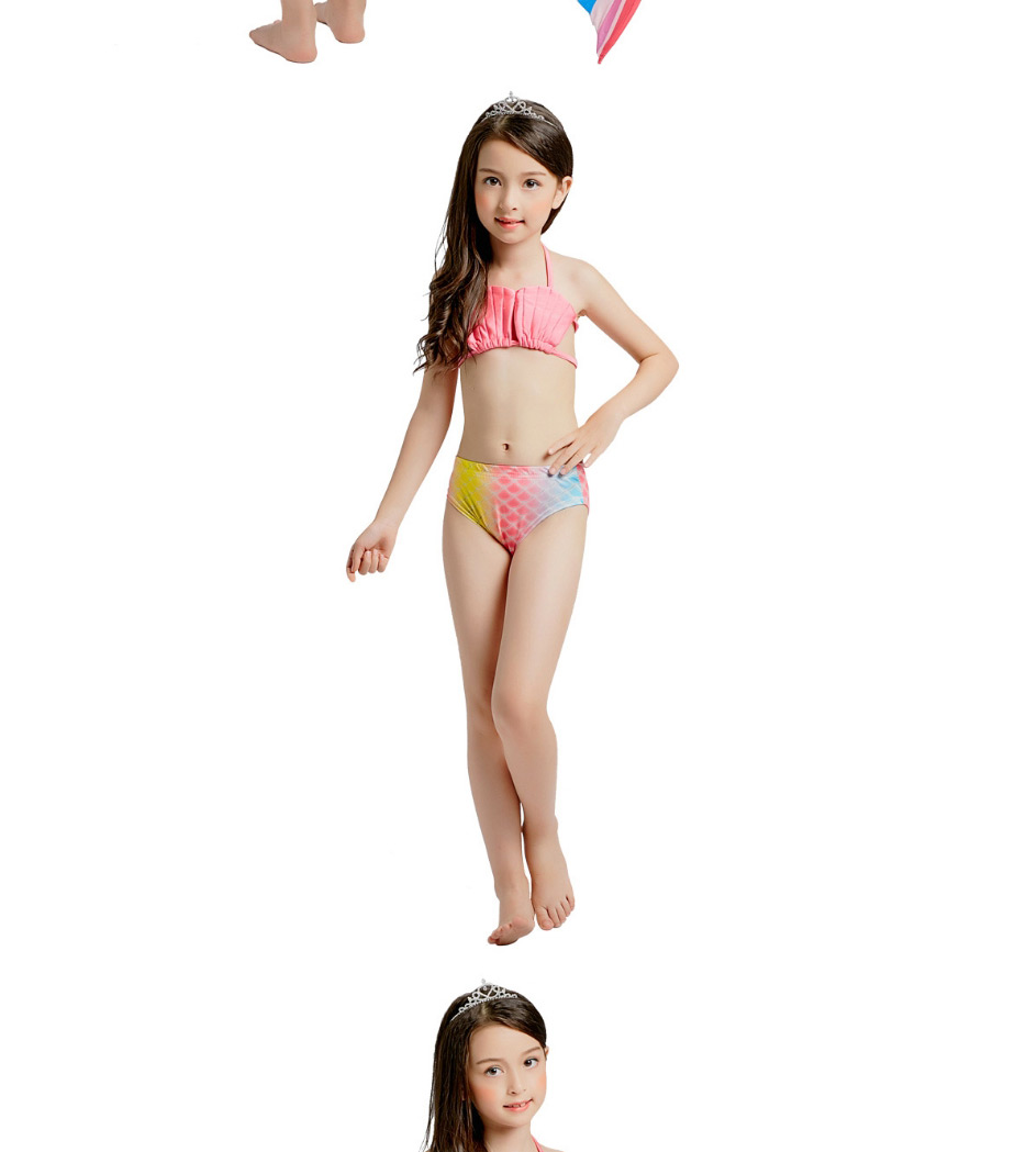 Fashion Shell + Gradient Rainbow Color Striped Contrast Print Childrens Mermaid Split Swimsuit,Kids Swimwear