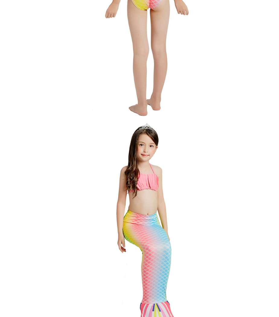 Fashion Shell + Candy Fruit Green Striped Contrast Print Childrens Mermaid Split Swimsuit,Kids Swimwear