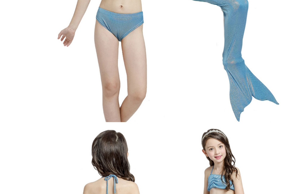 Fashion Blue Mermaid Swimming Dress Halter Folds Childrens Mermaid Split Swimsuit,Kids Swimwear