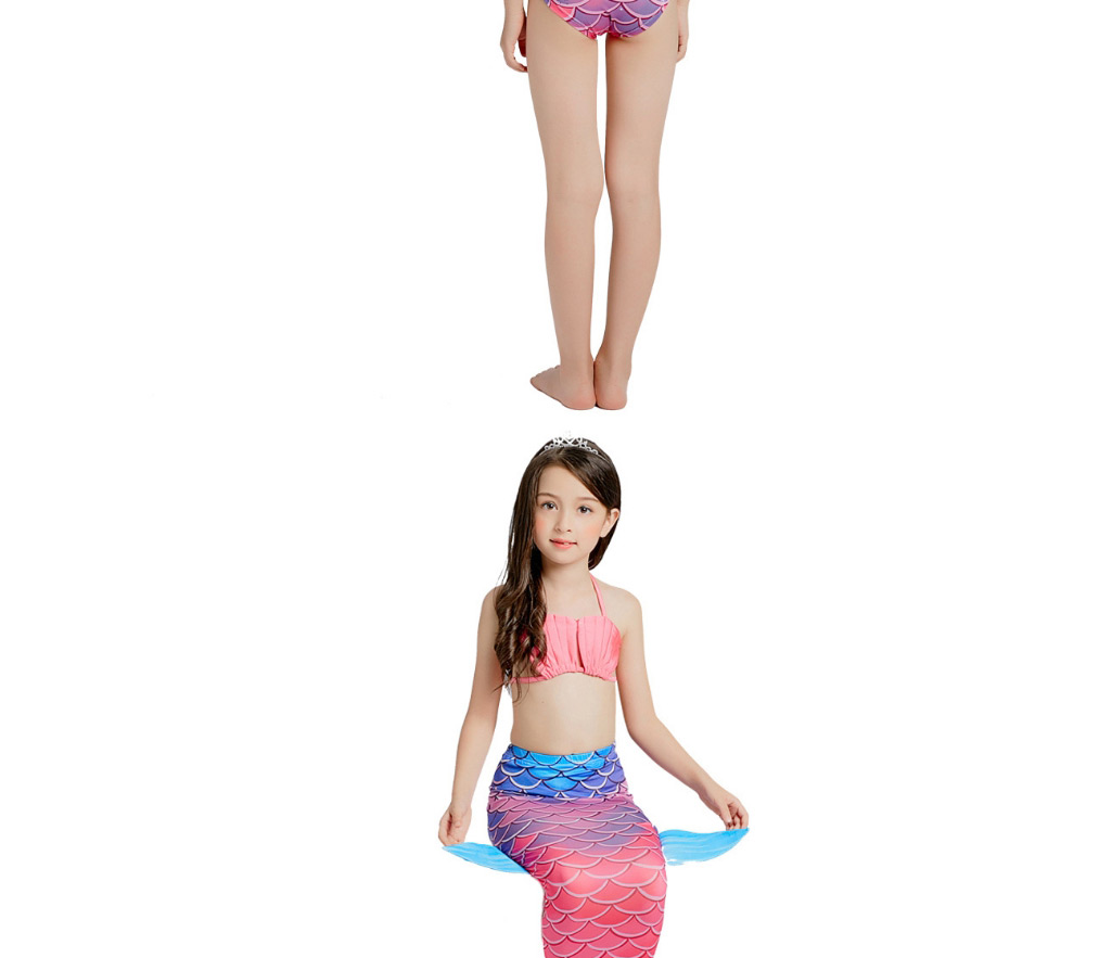 Fashion Gradient Plum Red Mermaid Skirt Printed Shell Kids Mermaid Split Swimsuit,Kids Swimwear