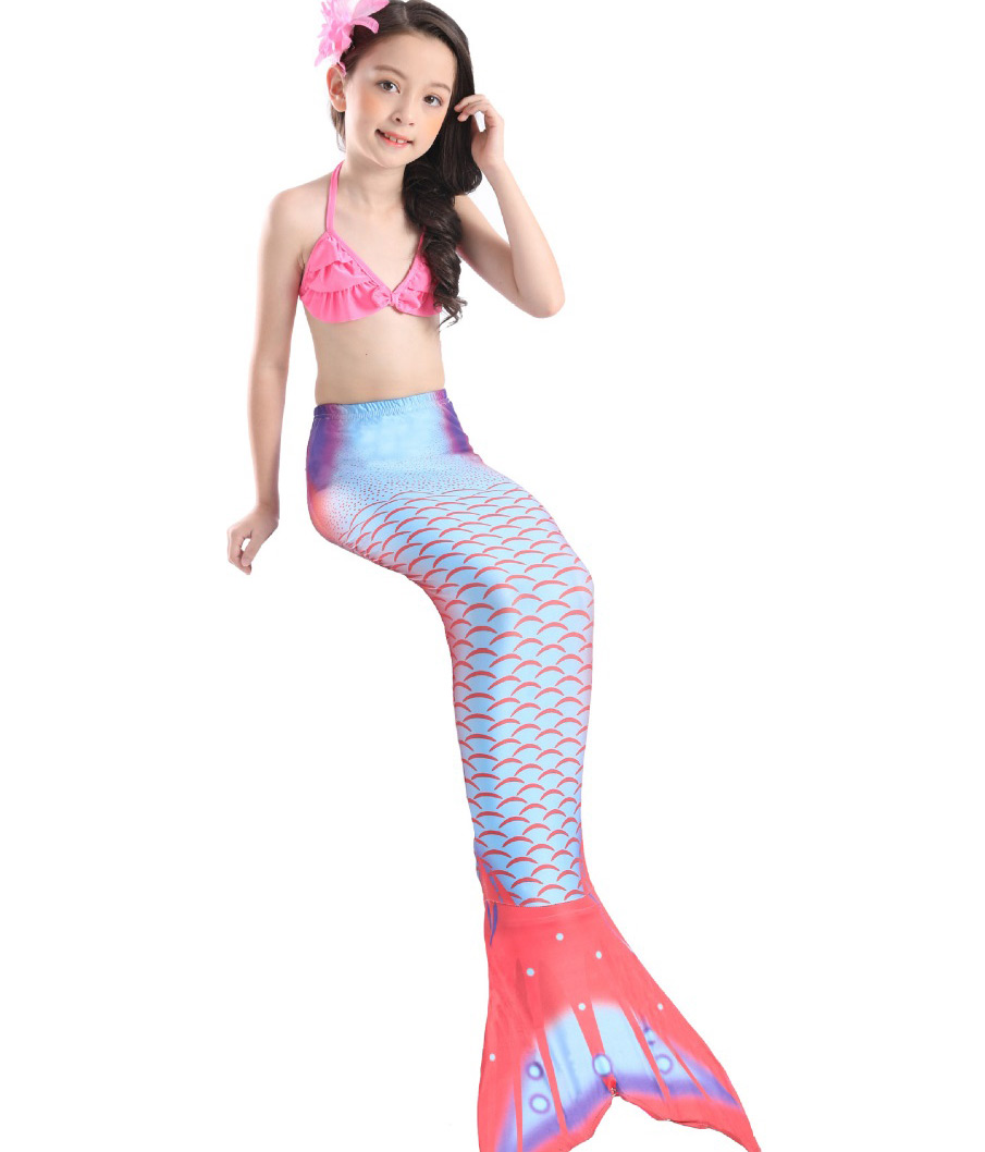 Fashion Blue Printed Pleated Childrens Mermaid Split Swimsuit,Kids Swimwear