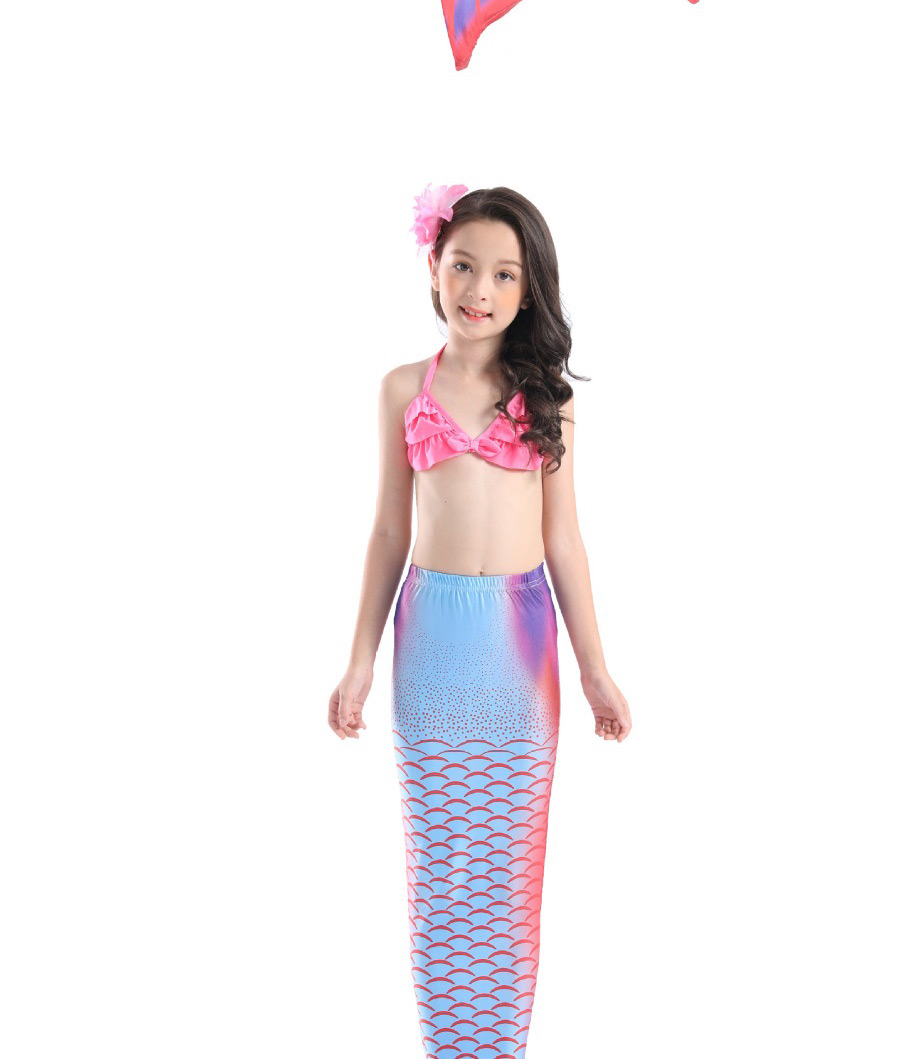 Fashion Royal Blue Printed Pleated Childrens Mermaid Split Swimsuit,Kids Swimwear