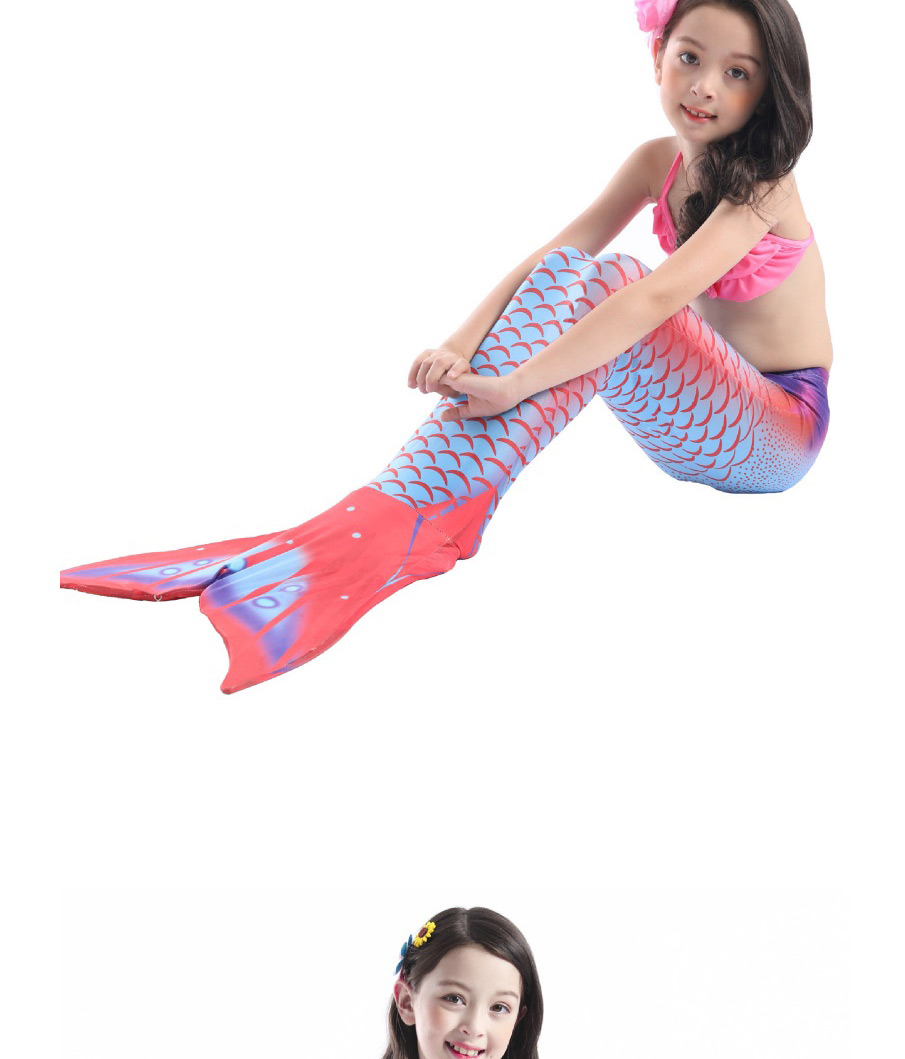 Fashion Red Flame Printed Pleated Childrens Mermaid Split Swimsuit,Kids Swimwear