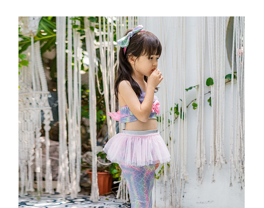 Fashion Seven Colors-three-piece Swimsuit Bowknot Printed Net Yarn Childrens Mermaid Split Swimsuit,Kids Swimwear