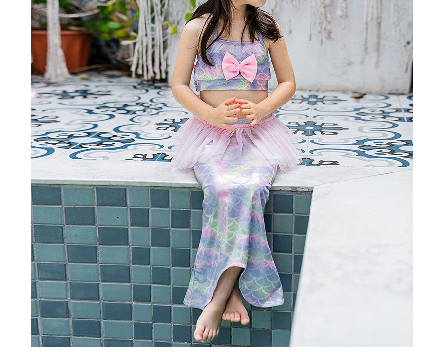 Fashion Seven Colors-three-piece Swimsuit Bowknot Printed Net Yarn Childrens Mermaid Split Swimsuit,Kids Swimwear