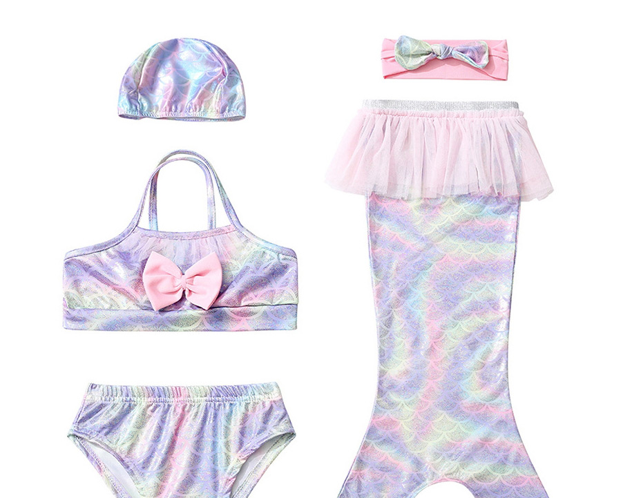 Fashion Swimming Cap + Headwear Bowknot Printed Net Yarn Childrens Mermaid Split Swimsuit,Kids Swimwear