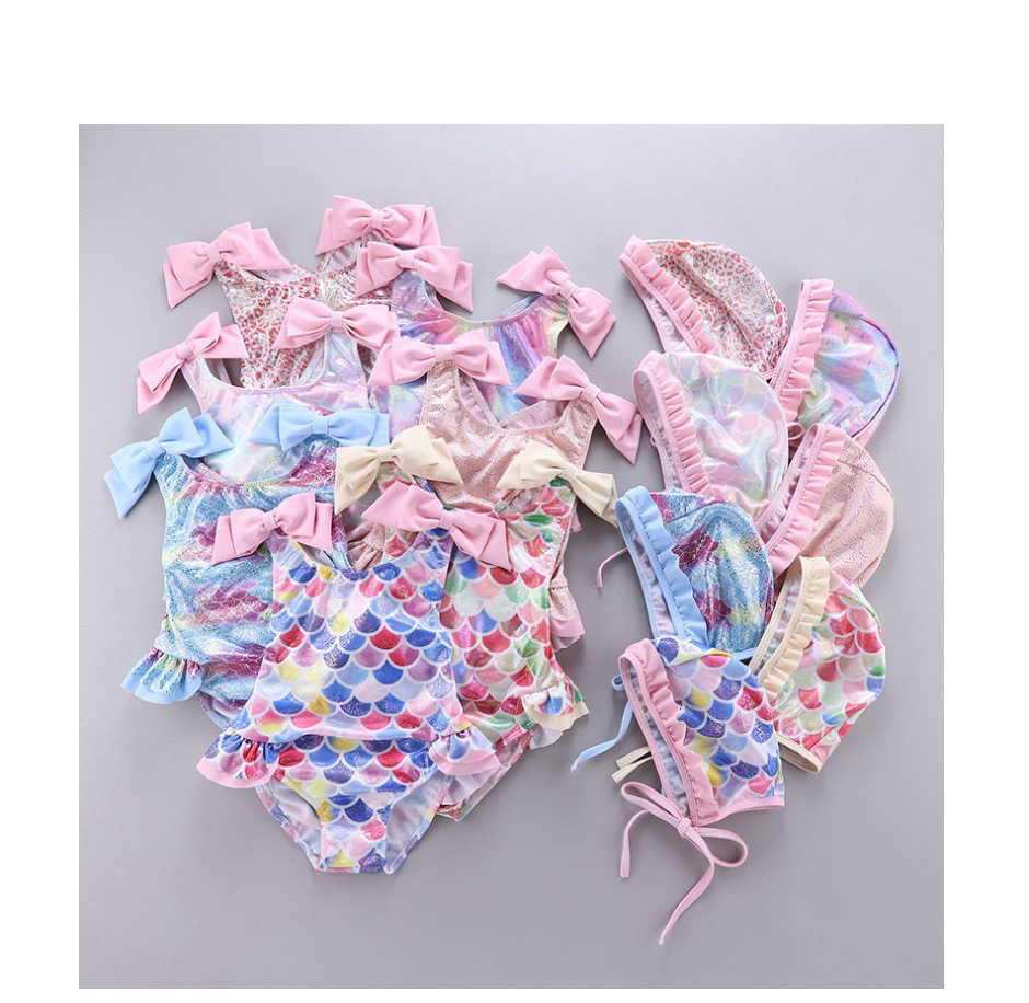 Fashion Fish Scale Orchid Rose Fish Scale Print Bow Ruffled One-piece Swimsuit,Kids Swimwear