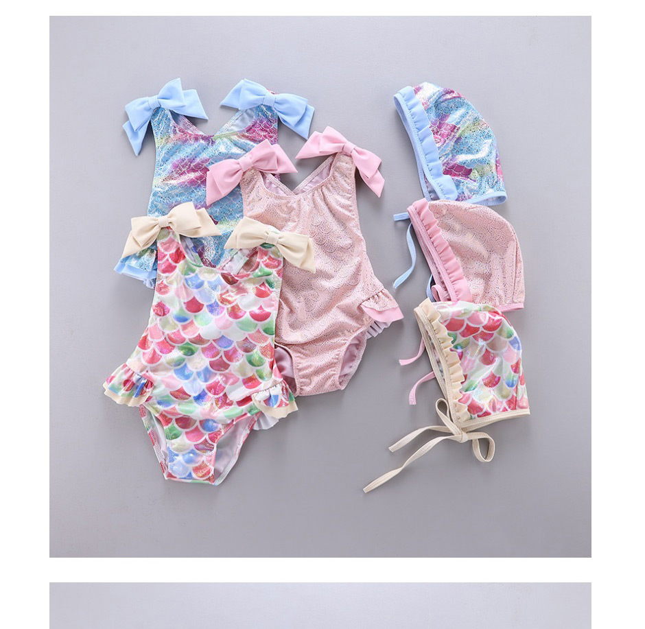 Fashion Color Mixing Fish Scale Print Bow Ruffled One-piece Swimsuit,Kids Swimwear