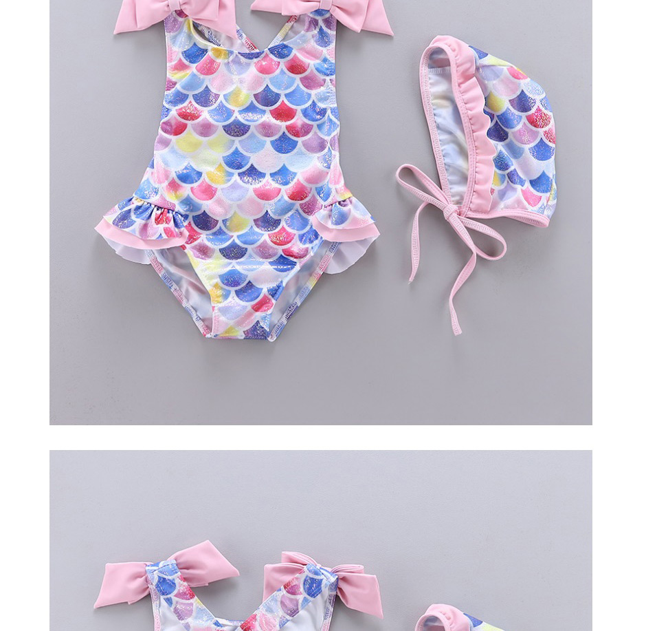 Fashion Fish Scale Orchid Rose Fish Scale Print Bow Ruffled One-piece Swimsuit,Kids Swimwear