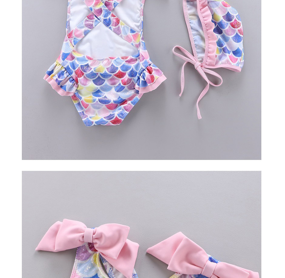 Fashion Pink Fish Scale Print Bow Ruffled One-piece Swimsuit,Kids Swimwear