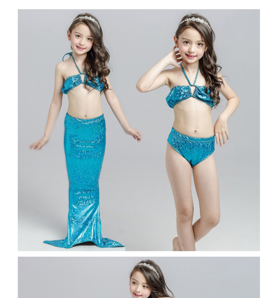 Fashion Blue Mermaid Swimming Dress Halter Hollow Childrens Mermaid Split Swimsuit,Kids Swimwear