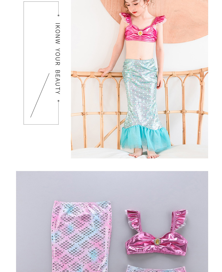 Fashion Rose Red Ruffle Print Childrens Mermaid Split Swimsuit,Kids Swimwear