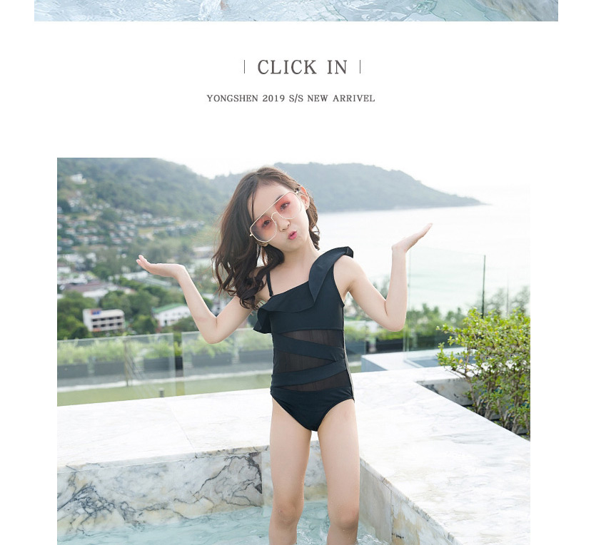 Fashion Black Childrens One-piece Lace Rotator Sleeve Swimsuit,Kids Swimwear