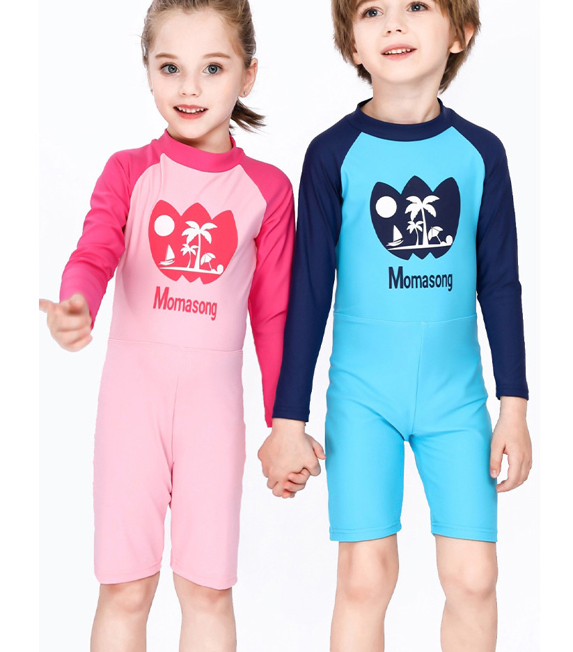 Fashion Pink Childrens One-piece Long-sleeved Coconut Swimsuit,Kids Swimwear