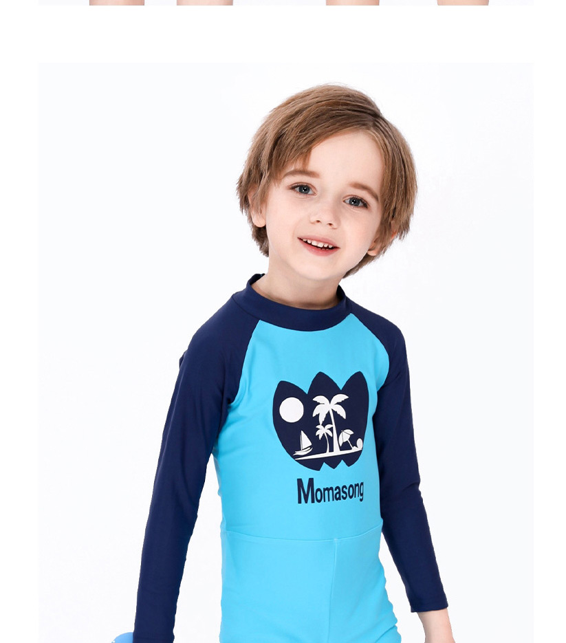 Fashion Blue Childrens One-piece Long-sleeved Coconut Swimsuit,Kids Swimwear