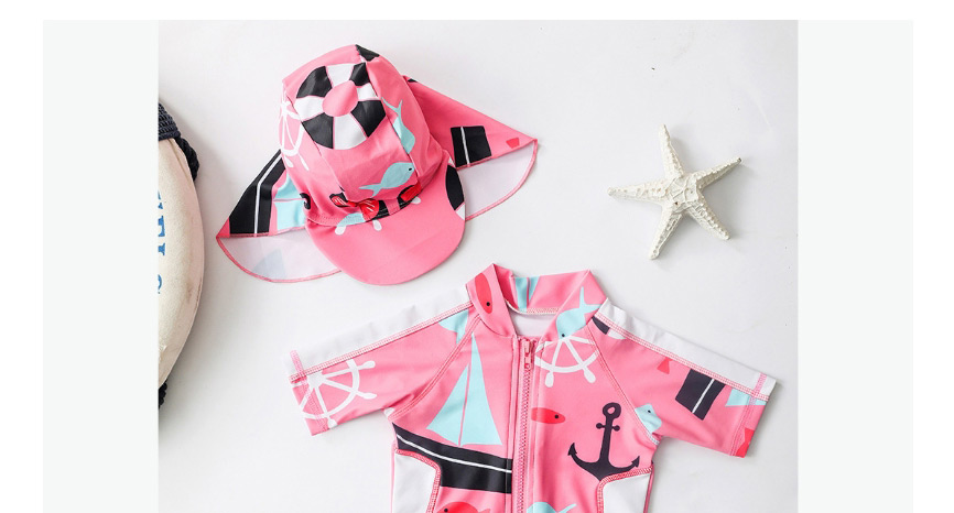 Fashion Pink Navigator Pink Anchor Pattern Childrens One-piece Swimsuit Set,Kids Swimwear