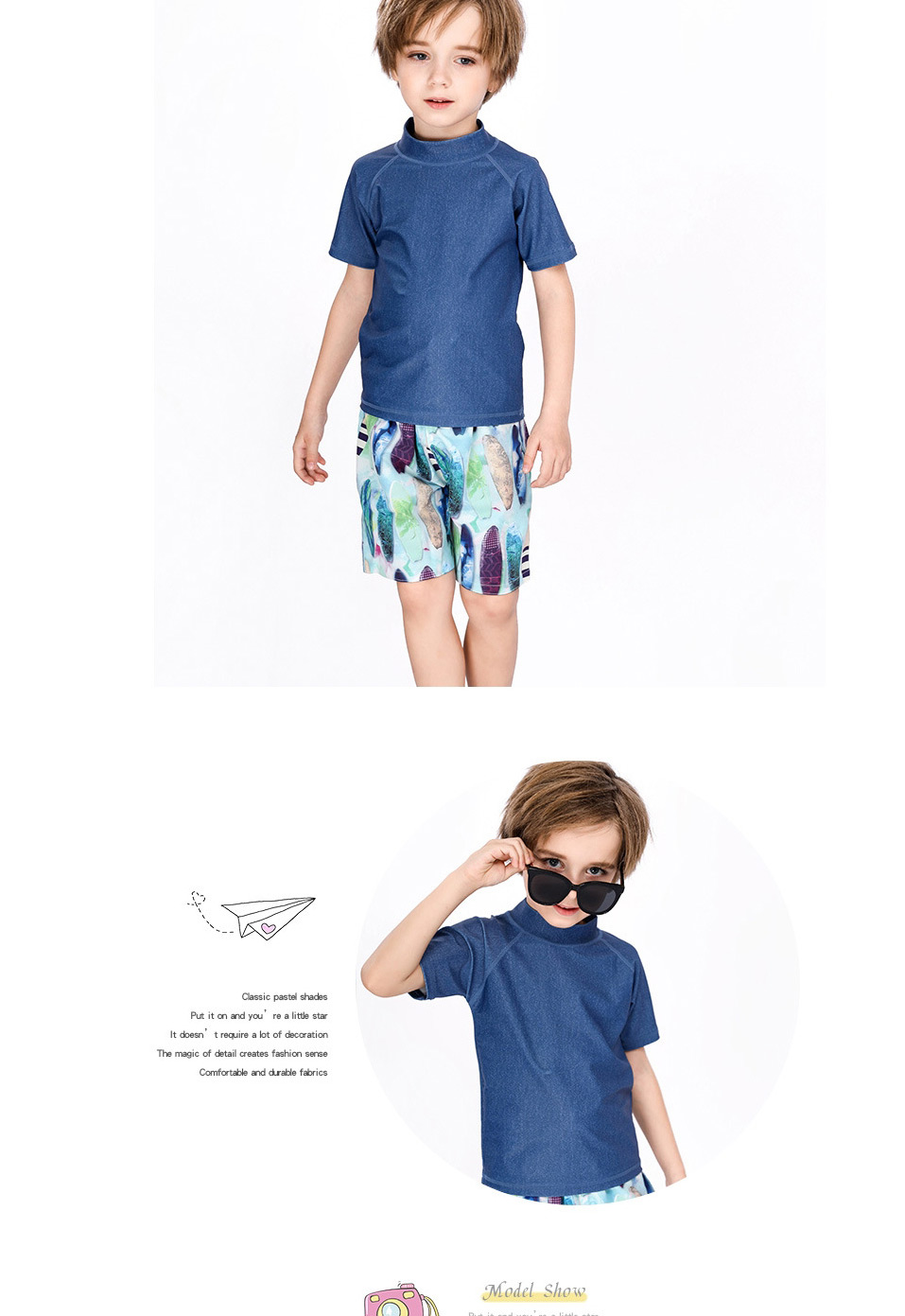 Fashion Light Blue Childrens Short-sleeved Top Swimsuit,Kids Swimwear