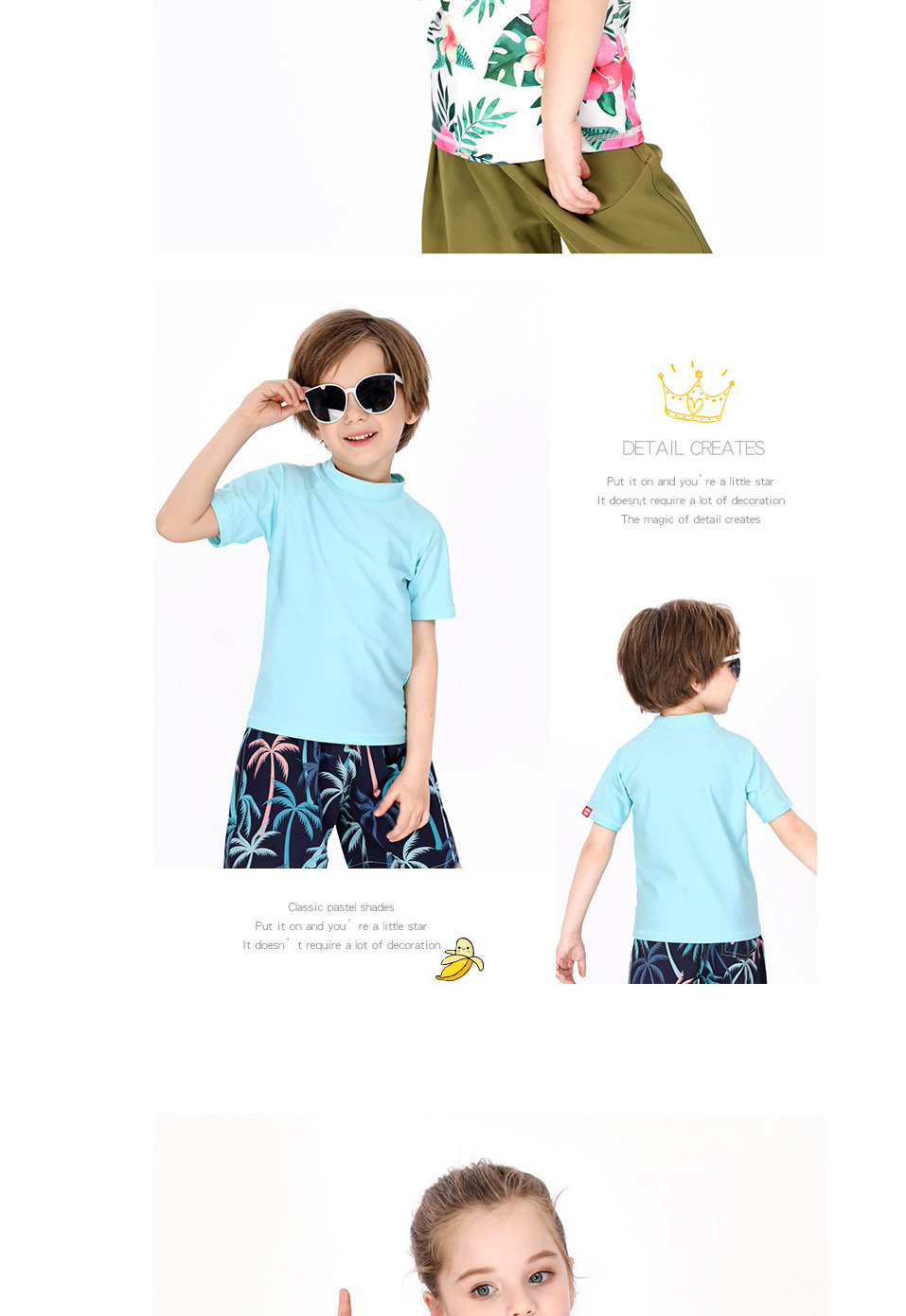 Fashion Light Blue Childrens Short-sleeved Top Swimsuit,Kids Swimwear