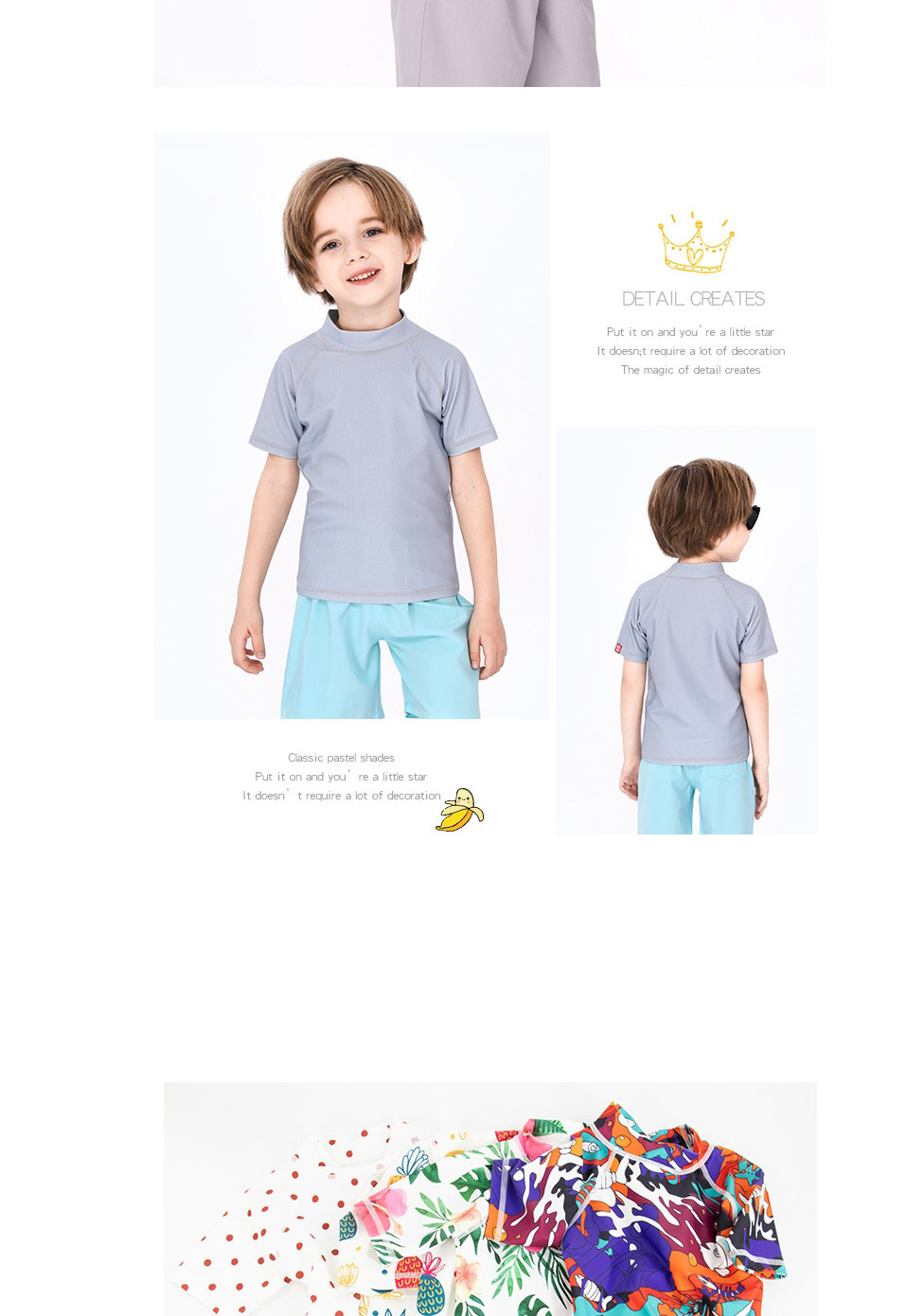 Fashion Gray Childrens Short-sleeved Top Swimsuit,Kids Swimwear